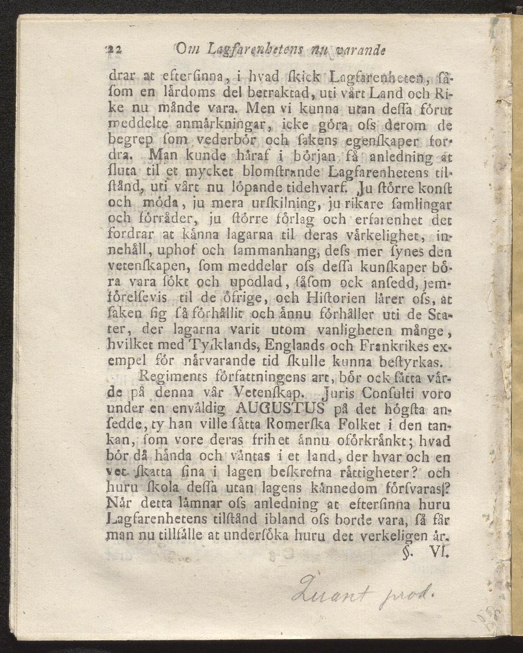 ψ2 Om Lagfar cnhdons nu varande drar at efterfinna, i livad ikick Lagfar enheten., fåforn en lårdoms del betraktad, uti vårt Land och Ri ke nu månde vara.