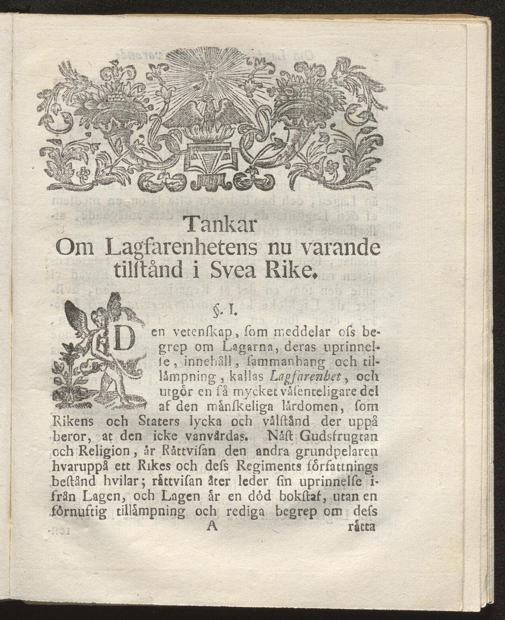 Tankar Om Lagfarenhetens nu varande tilltånd i Svea Rike, en vetenikap.
