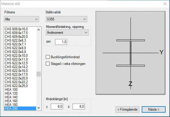 caeec301 Snittkontroll stål Sidan 7(14) 3.2.1 Material I denna dialogruta, Figur 5. Material, väljs tvärsnitt och knäcklängd samt stagning av tryckt fläns.