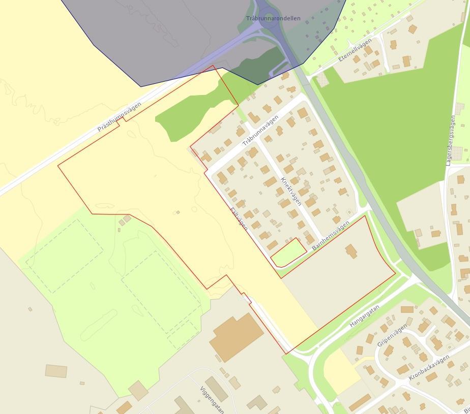 13(47) Rev. Figur 6. Riksintresse för kulturmiljövården norr om planområdet, blått område. Ungefärlig avgränsning av ny detaljplan med röd linje. Flygbild, Norrköpings kommun.
