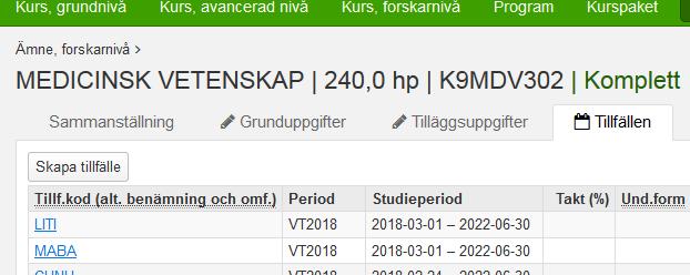 Klicka på fliken Tillfällen och därefter på knappen