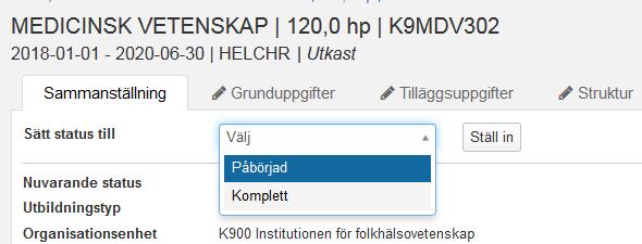 När man sparat ämnestillfället ändras omfattningen till 120 hp Gå till fliken Sammanställning.
