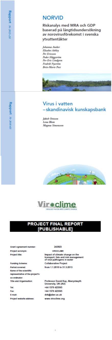 Inkluderade projekt (urval) FOOD-VIRUS Reducing the risk from foodborne viruses in the Nordic countries, 2008-2011 NORVID Humanpatogena virus i Svenska vattentäkter, 2009-2012