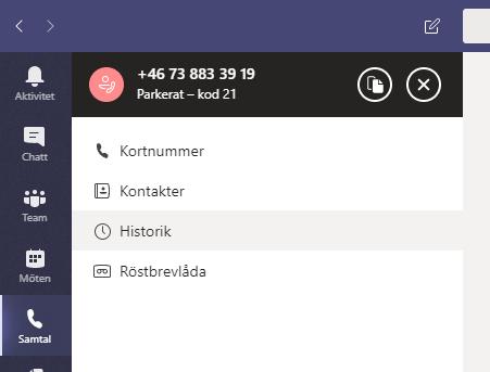 När ni väljer att parkera samtalet dyker det upp högst upp till vänster under samtalsmenyn. Ni ser även att samtalet har fått en kod 21.