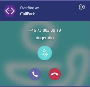 Om ingen återupptar samtalet inom 5 minuter kommer samtalet tillbaka till den personen som parkerat samtalet. Det står då i samtalstoasten att samtalet kommer från Callpark.