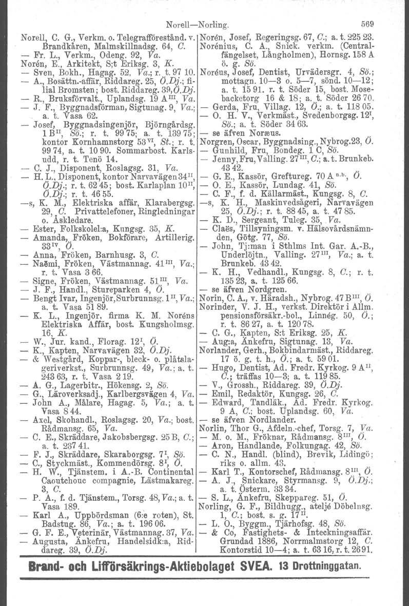 NorellNorling. 569 Norell, C. G., Verkm. o. Telegrafförestånd. v. Noren, Josef, Regeringsg. 67, C.; a. t. 225 23. Brandkåren, Malmskillnadsg. 64, C. Norenius, C. A., Snick. verkm. (Central. Fr. L.