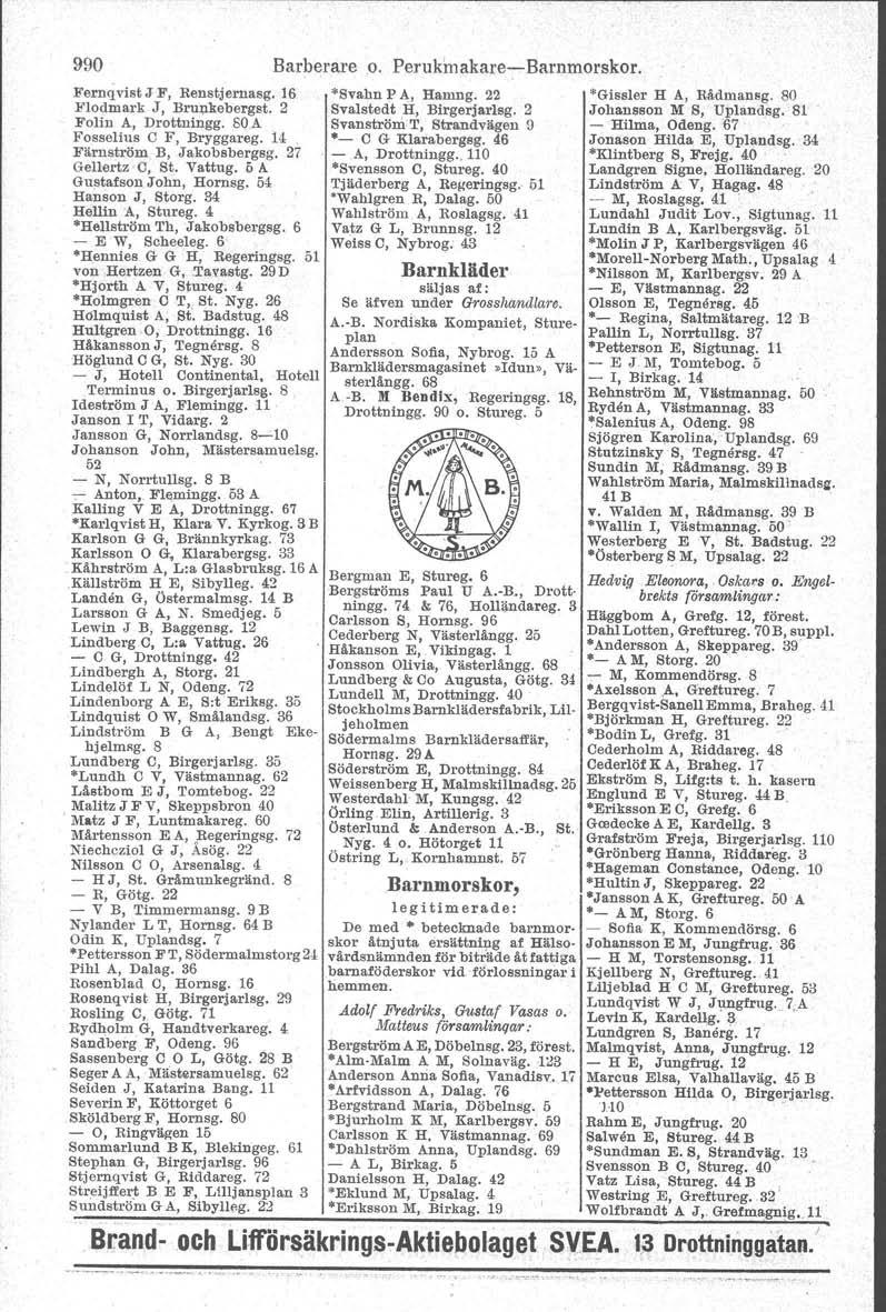 990 Barberare o. Perukmakare-Barnmorskor. Fernqvist J F, Renstjernasg. 16 Flodmark J, Brunkebsrgst. 2 Folin A, Drottningg. SOA Fosselius C F, Bryggareg. 14, Fä.rnström B, Jakobsbergsg.