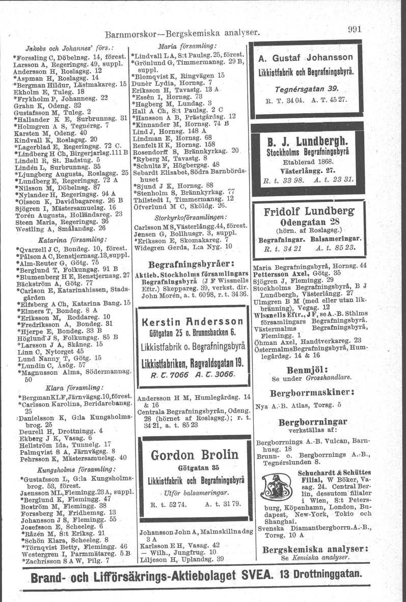 Barnmorskor-s- Bergskemiska analyser. Ja1robs och Johannes' (örs.: Maria. (örs"mling: "Forssling C, Döbelnsg. 14, förest. "Lindvall LA, S:t Pau1sg. 25,förest. Larsson A, Regeringsg.49, suppl.