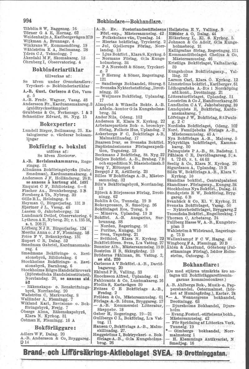 994 Tibblin S W, Baggensg.16 Törner G: A E, Hornsg. 62 Weidenhaijn A, Karlbergsvägen 37B Wijkman Af Brunnsgr. 4 Winkrans W, Kommendörsg. 19 WAhlström K A, Bellmansg. 28 Ydren C J, Teknologg.