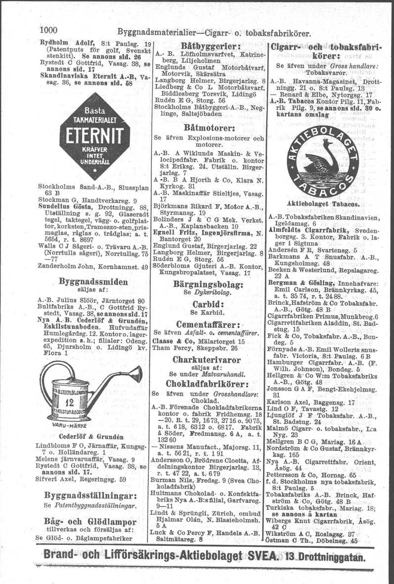 1000 Byggnadematerialier-c-Oigarr- o. tobaksfabrikörer. Rydholm Adolf, S:t Paulsg, 19 (Patentputs för golf, Svenskt stenkitt). Se annons sid. 26 Rystedt C Gottfrid, Yasag. 38, se annons sid.