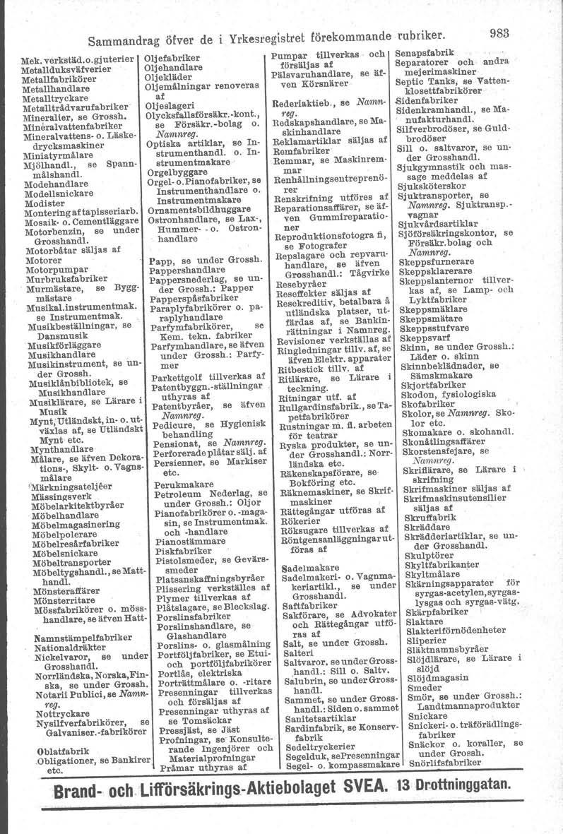 Mek. verkstäd.o.gjuterier Metallduksväfverier Metallfa brikörer Metallhandlare Metalltryckare Metalltrådvarufabriker Mineralier, se Grossh, Mineralvattenfabriker Mineralvattens- o.