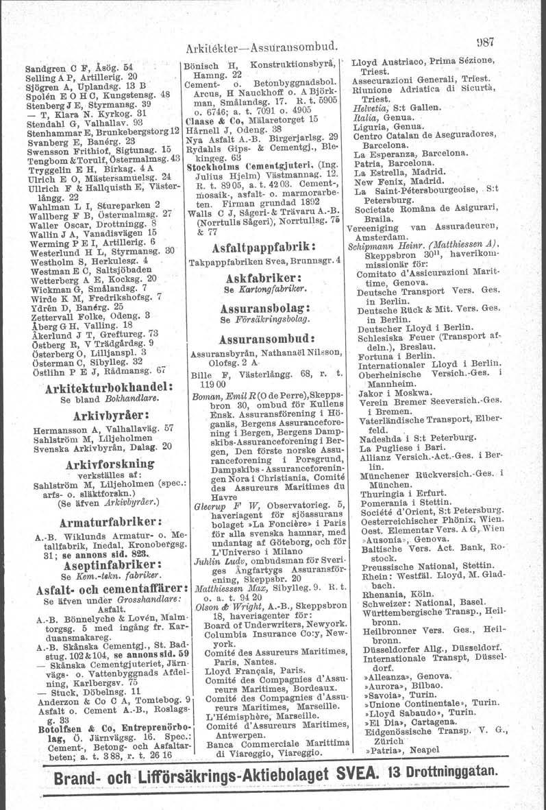 Sandgren C F, Åsög. 54 Selllng A P, Artillerig. 20 Sjögren A, Ilplandsg. 13 B ' Spolen E o H C, Kungstensg. 48 Stenberg J E" Styrmansg. 39 - T, Klara N. Kyrkog. 31 Stendahl G, Valhallav.