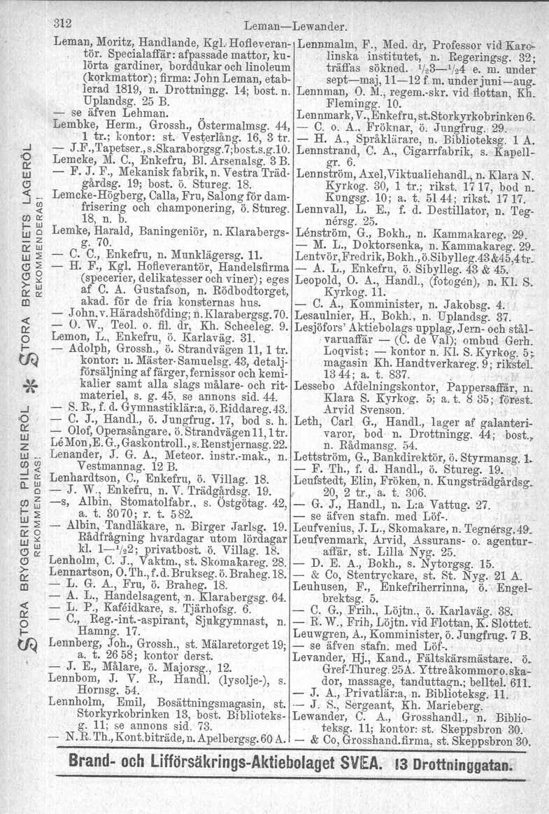 312 LemanLewande. Leman, Moitz, Handlande, KgLHofievean Lennmalm, F., Med. d, Pofesso vid Kaotö. Specialaffä: afpassade matto, ku lin ska institutet, n. Regeingsg.
