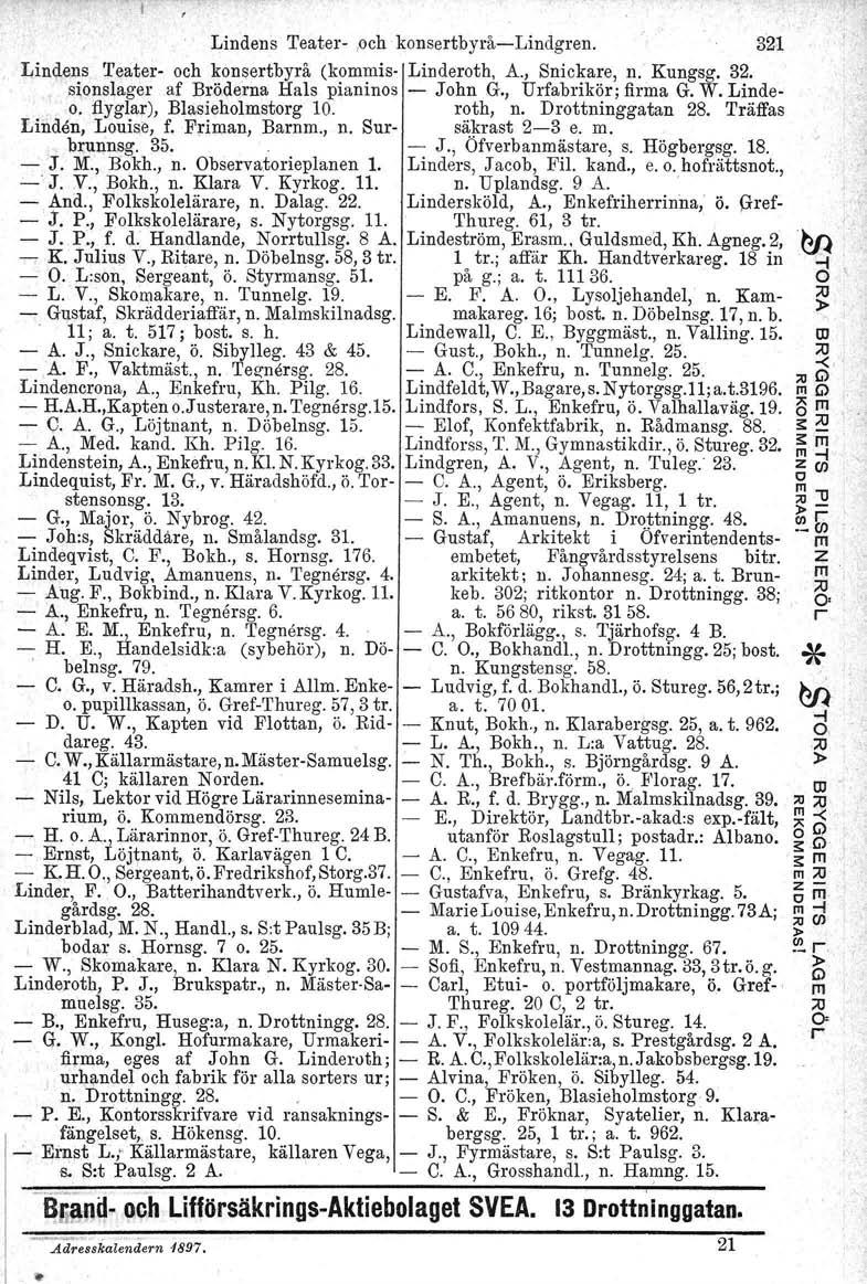 Lindens Teate,och konsetbyålindgen. 321 Lindens Teate och konsetbyå (kommis Lindeoth, A., Snickae, n. Kungsg. 32. sionslage af Bödena Hals pianinos John G., Ufabikö, fima G. W. Lindeo. flygla), Blasieholmstog 10.