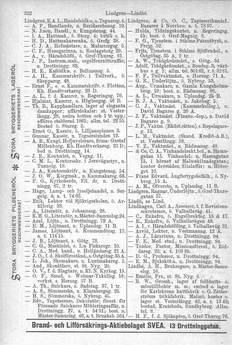 322 LindgensLindhe. Lindgen, E.A. L., Handelsidk:a, n. Tegnesg. 4. Lindgen, & Co,. C., Tapisseihandel. A. P., Handlande, n. Beidaebansg. 19. Bazaen å Nobo; a. t. 7897. N. J:son, Handl., n. Kungstensg.