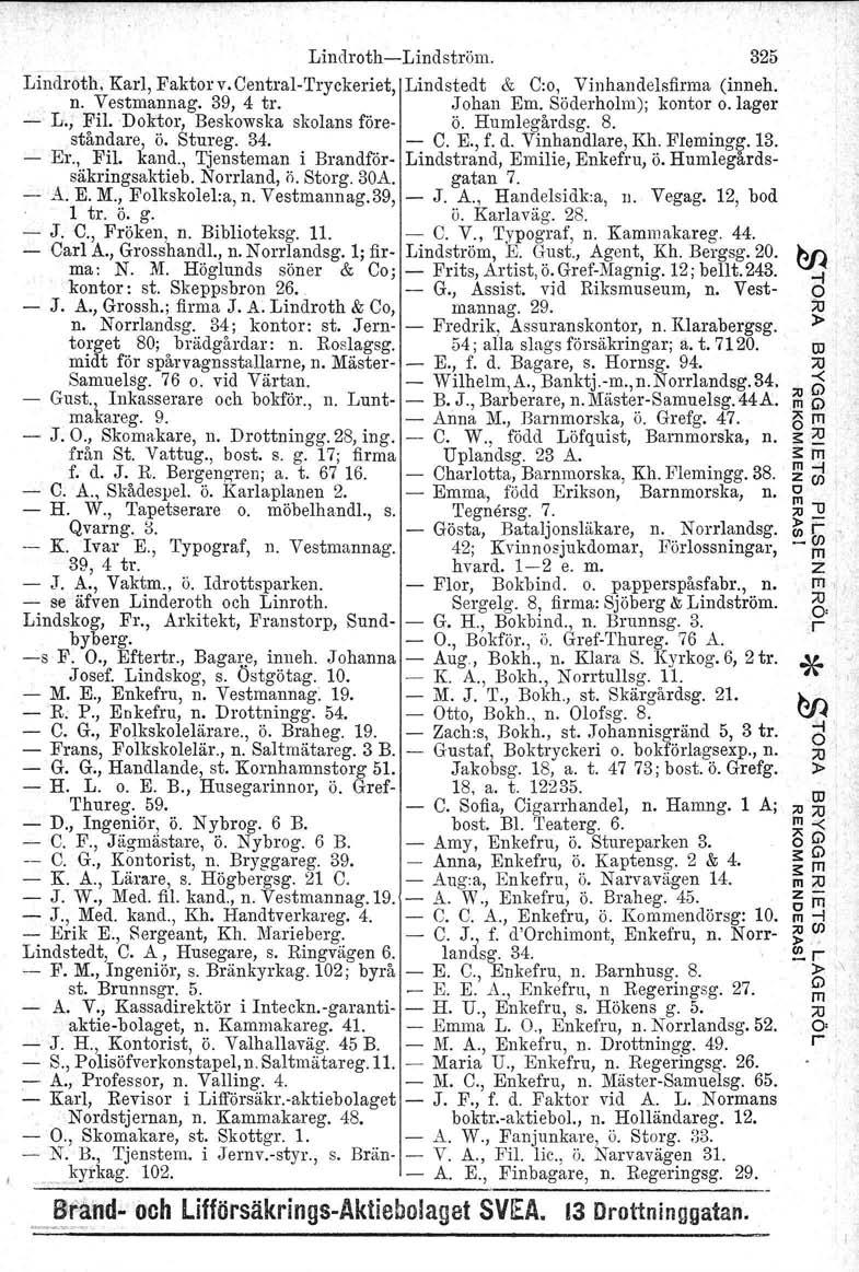 LindothLindstöm. 325 Lindoth, Kal, Faktov.CentalTyckeiet, Lindstedt & C;o, Vin handelsfima (inneh. n. Vestmannag. 39,4 to Johan Em. Södeholm); konto o.lage L., Fil. Dokto, Beskowska skolans föe ö.