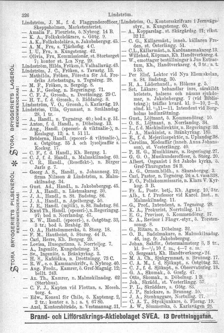 326 Lindstöm. Lindstöm, J. M., f. d. Flaggundeoffice, Lindstöm,., Kontosskifvae i Jenvägs Skeppsbolmen, Maketenteiet. sty., n. Kungstensg. 60. _ Amalia F., Fleuiste, Ö. Nybog. 14 B. A., Koppaslag.