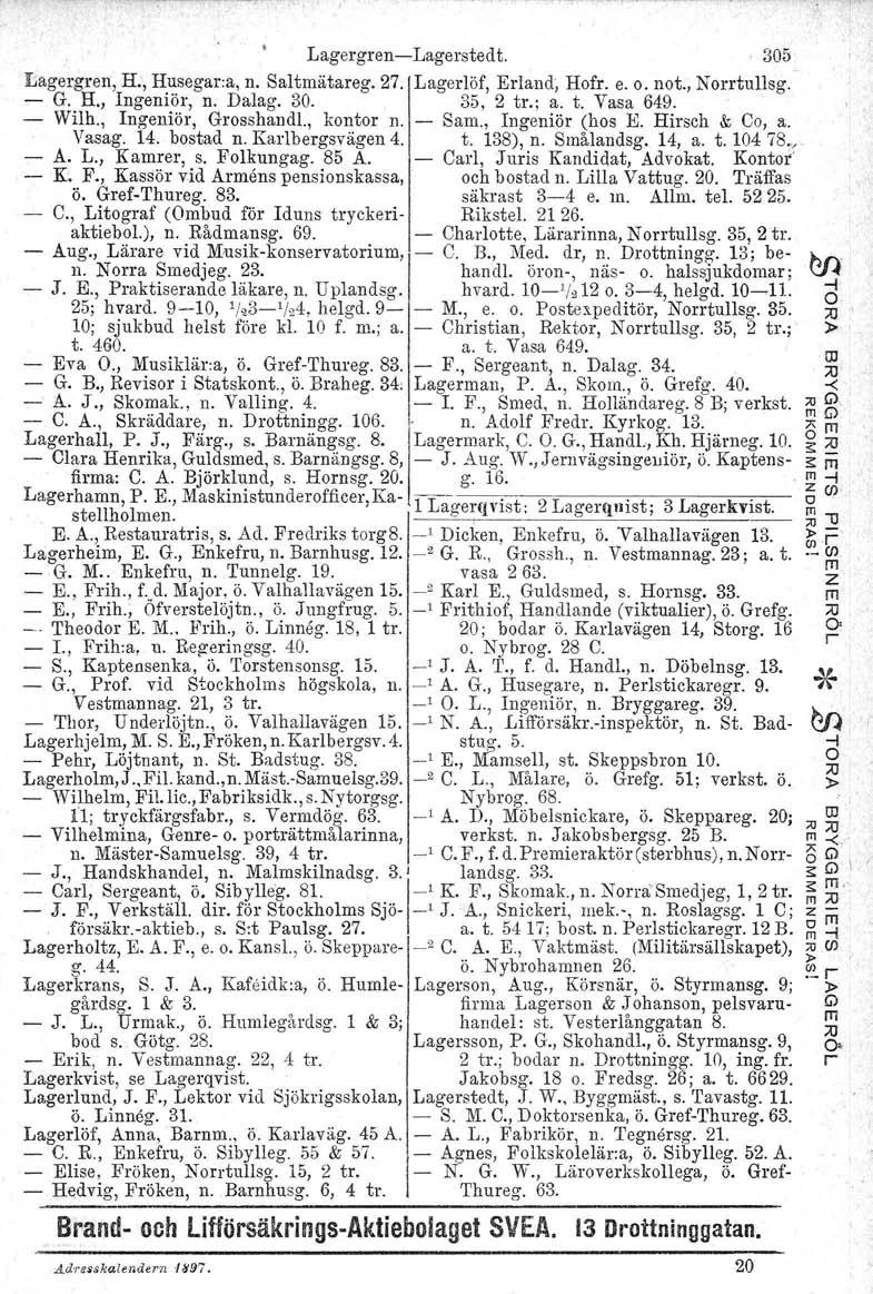 LagegenLagestedt. 305 Lagegen, H., Husega.a, n. Saltmätaeg.27. Lagelöf, Eland; Hof. e. o. not., Notullsg. G. H., Ingeniö, n. Dalag. 30. 35, 2 t.: a. t. Vasa 649. Wilh., Ingeniö, Gosshandl., konto n.