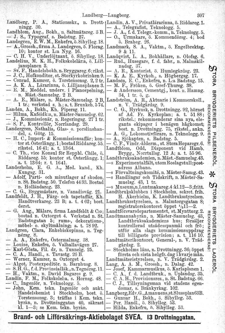 \. LandbegLangbog. 307 Landbeg. P. A., Stationssk., n. Dott Landin, A. V., Pivatläainna, ö. Riddaeg.l. ningg. 30. A., Telegafist, Teknologg. 5. Landblom, Aug., Bokh., n. Saltmätaeg. 3 B. J. A., f. d.