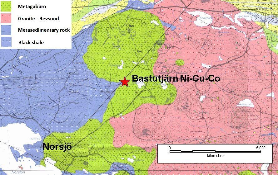 1.1 Studied area The Bastutjärn project area is located 45 km west of Boliden and 10 km NE of Norsjö, Västerbotten county (Fig.1 and 5).