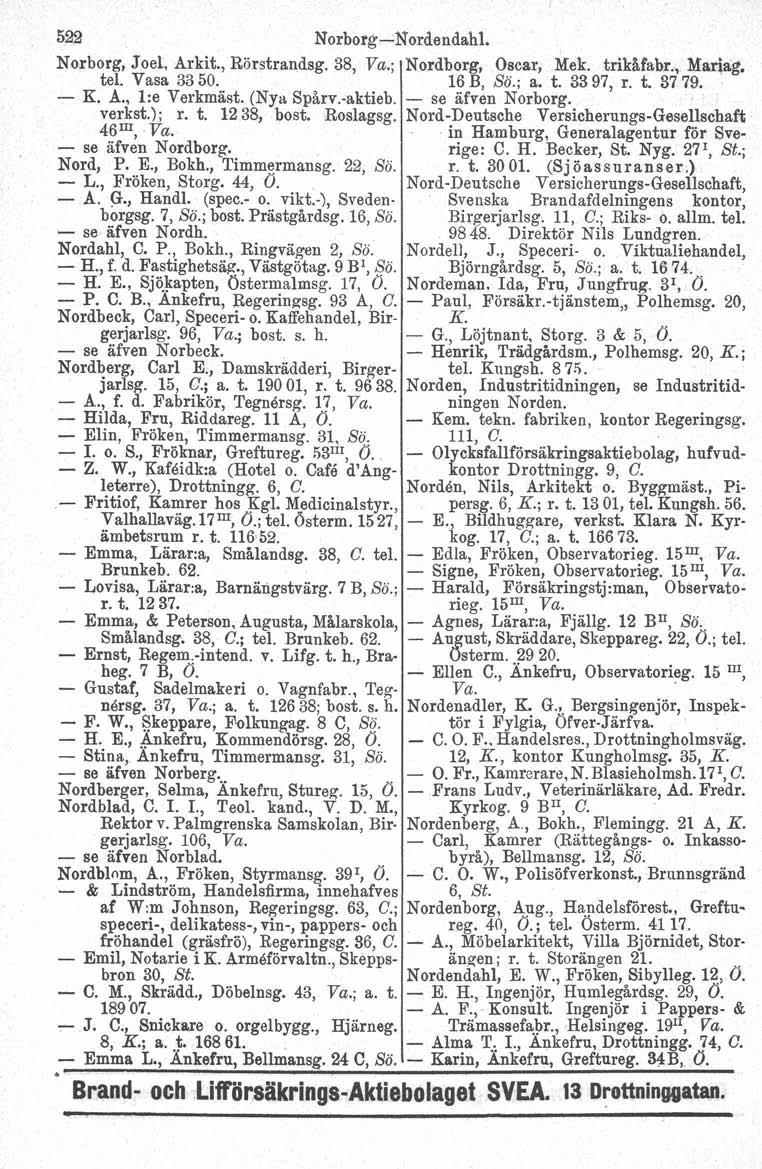 522 Norborg-e-Nordendahl. Norborg, Joel. Arkit., Rörstrandsg. 38, Va.; Nordborg, Oscar, Mek. trikåfabr., Mar~ag. tel. Vasa 3350. 16 B, Sö.; a. t. 3397, r. t. 3779. - K. A., l:e Verkmåst. (Nya Spårv.