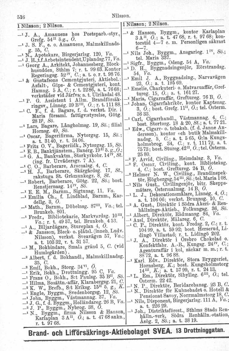 516 Nilsson. 1 Nilsson; 2 Nilson. 1 Nilsson; 2 Nilson. _1 J. A., Amanuens hos Postsparb.-styr., -' & Hanson, Byggm., kontor Karlaplan Grefg. Mil ö.g., (J. 3 AII, (J.; a. t. 4768, r. t. 9768; kon- _, J.