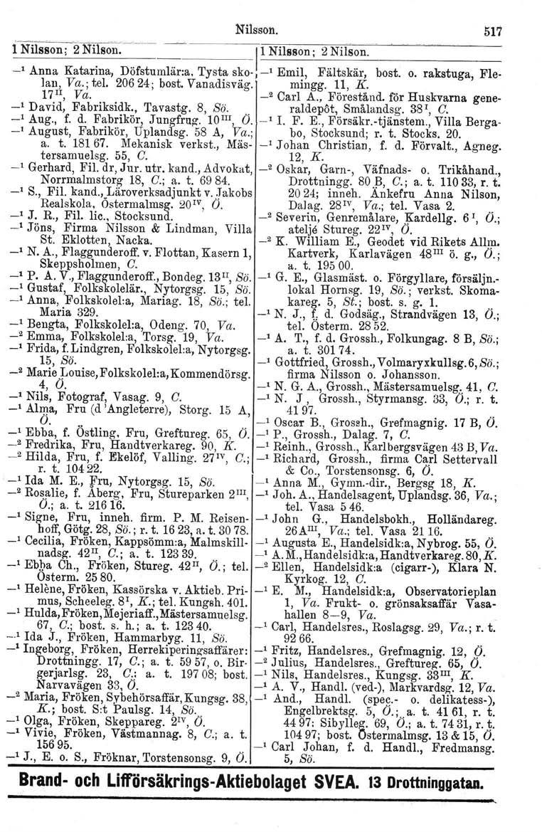 Nilsson. 517 f Nilsson; 2 Ni1so-n:~-~ 1_1_N_il_s_s_on_; _2_N_i~ls_o_n_. _ l Anna Katarina, Döfstumlär:a. Tysta sko-] _l Emil, Fältskär, bost. o. rakstuga, Plelan, Va.; te!. 20624; bost. Vanadisväg.