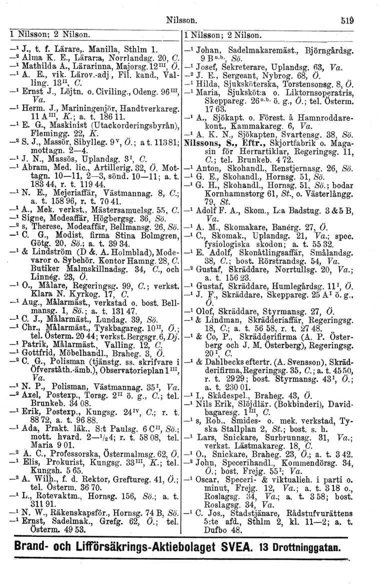 l Nilsson; 2 Nilson. Nilsson. lnllsson; 2 Nilson. _1 J., t. f. Lärare,. Manilla, Sthlm 1. _1 Johan, Sadelmakaremäst., Björngårdsg. _2 Alma K. E., Lärar:a, Norrlandsg. 20, q. 9 BD.b., Sö.