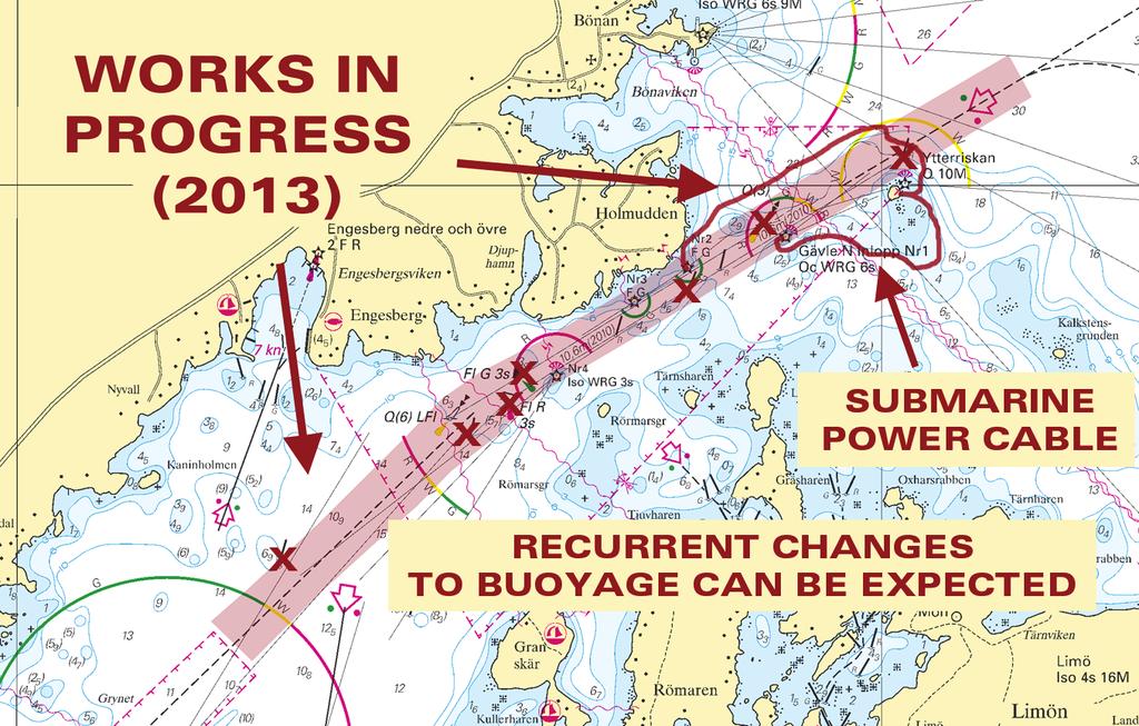 4 2013-01-16 Sweden. Sea of Bothnia. Fairway to Gävle. Holmuddsrännan. Buoyage. Submarine cable. Works in progress.