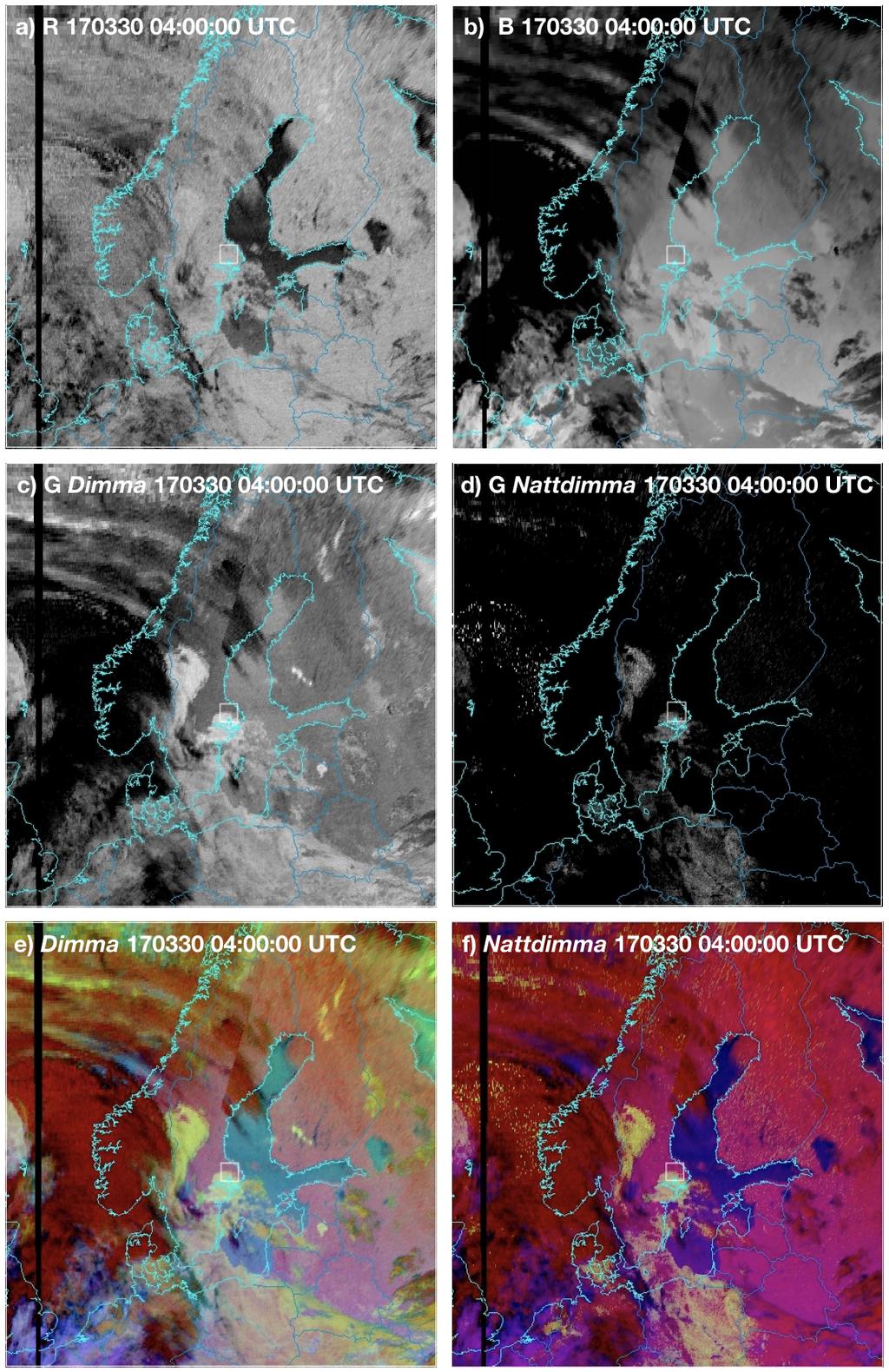 Figur 7. Satellitbilder samt produkterna Dimma och Nattdimma från 30:e mars 2017 04:00:00 UTC, med Uppsala flygplats i den vita kvadraten.