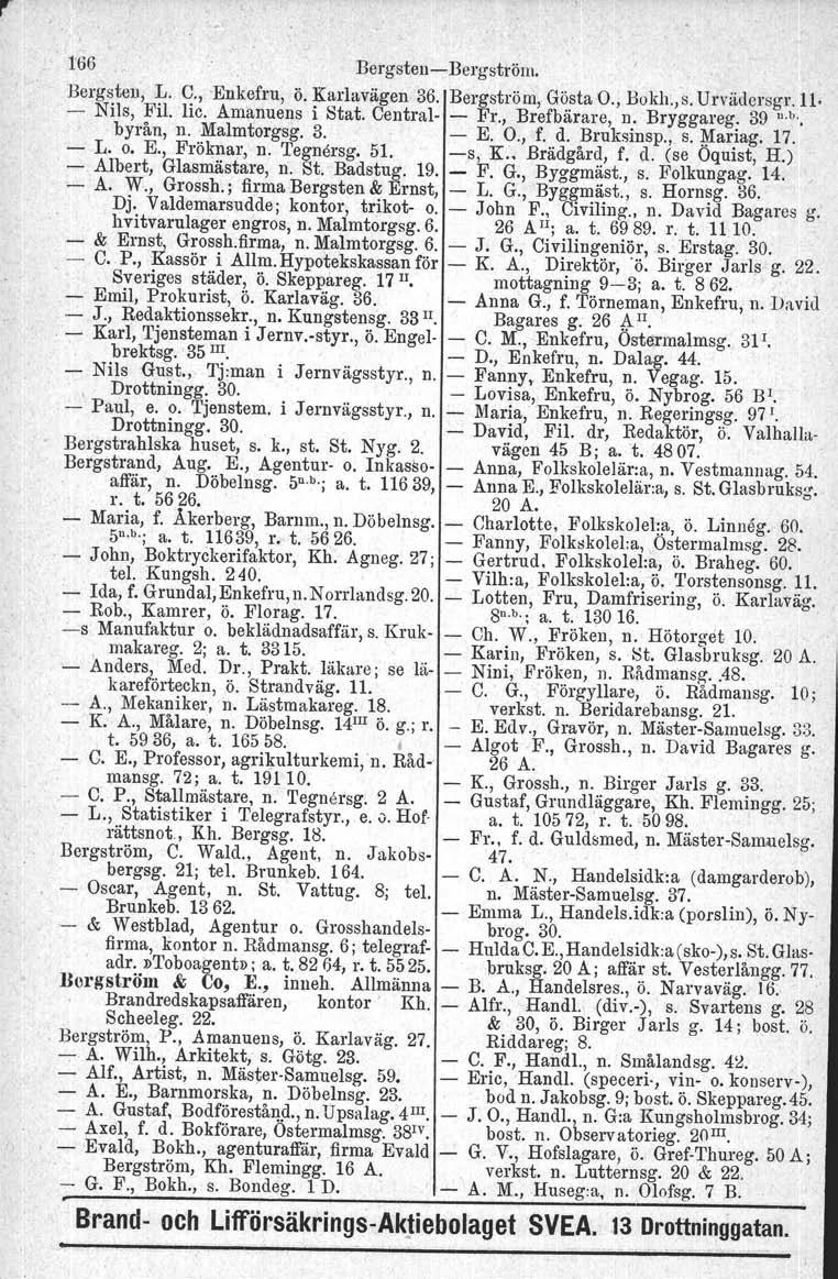 166 EergstenBergström. Bergsten, L. C., Enkefru, ö. Karluvägan 36. Bergström, Gösta O., Bokh., s, Urvädersgr.j I. Nils, Fil. lic. Amanuens i Stat. Central Fr., Brefbärare, n. Bryggareg. 39 Il,~,.