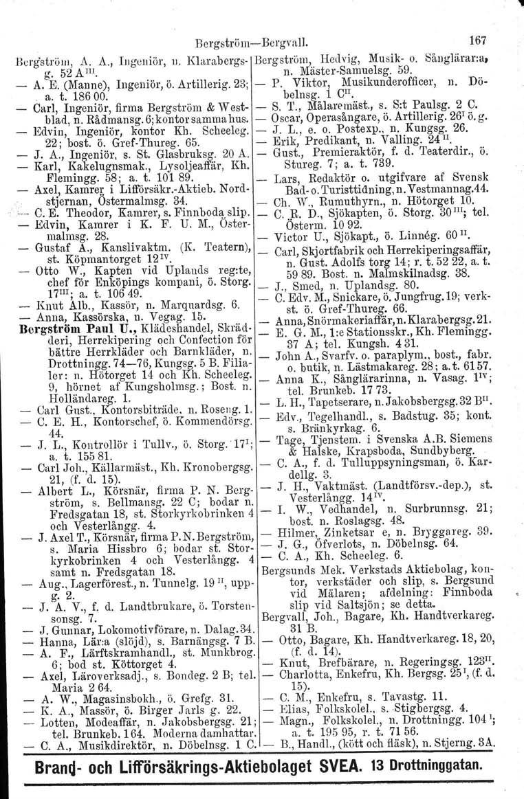 BergströmBergvall. 167 Bcrg'strörn, A. A., Iugeuiör, II. Klurabergs Bergström, Hedvig, Musik o. Sånglärar.a, g. 52 A m. n. MästerSamuelsg. 59. _ A. E. (Manne), Ingeniör, ö. Artillerig. 23; P.