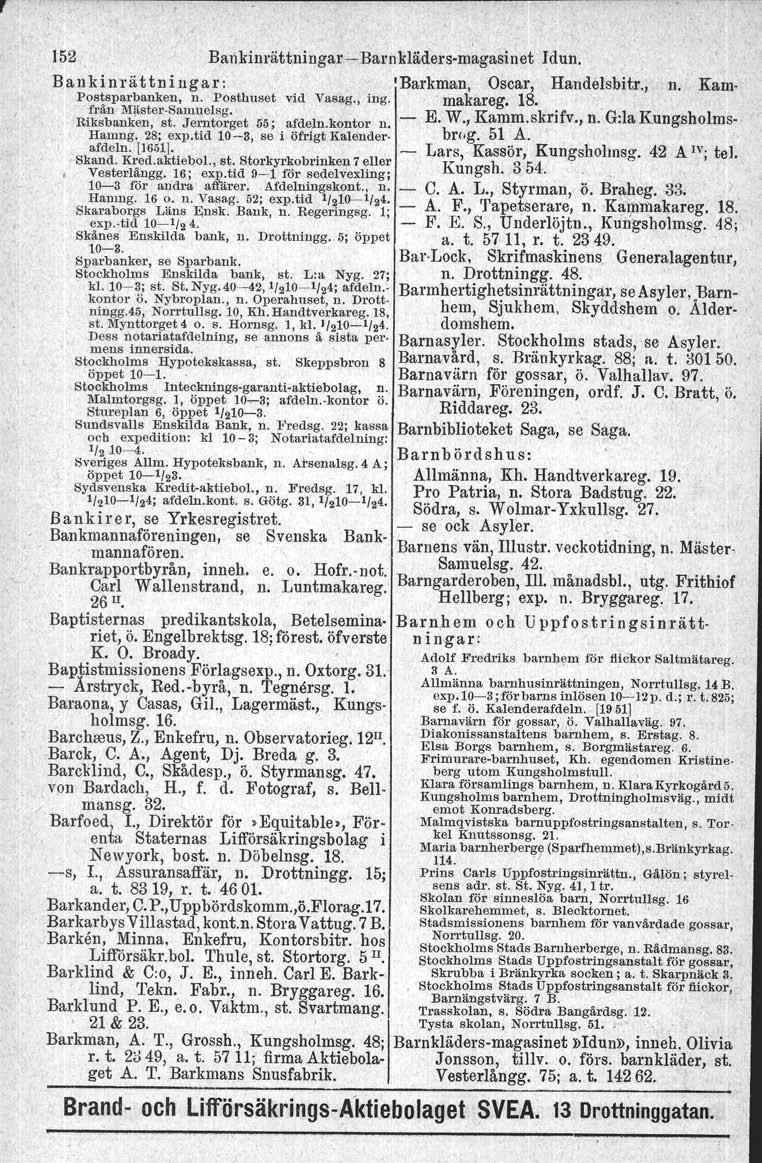 , r 152 BaJikinrättningar Bamklådersmagasinet Idun. Bankinrättningar: [Barkman, Oscar, Handelsbitr., n. Kam Postsparbanken, n. Posthuset vid Vasag., ing. makareg. 18. Riksbanken, från MästerSamuelsg.