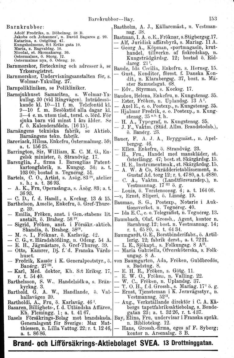 HarnkrubborcHay, 153 Barnkrubbor: Bastholm, A. J., Källaremäst., n. Vestman AdolfFredriks, n. Döbelnsg. as H. nag. 38. Jakobs och Johannes', n. David Bagares g. 20. Bastman. L A. o.k, Fröknar, s.