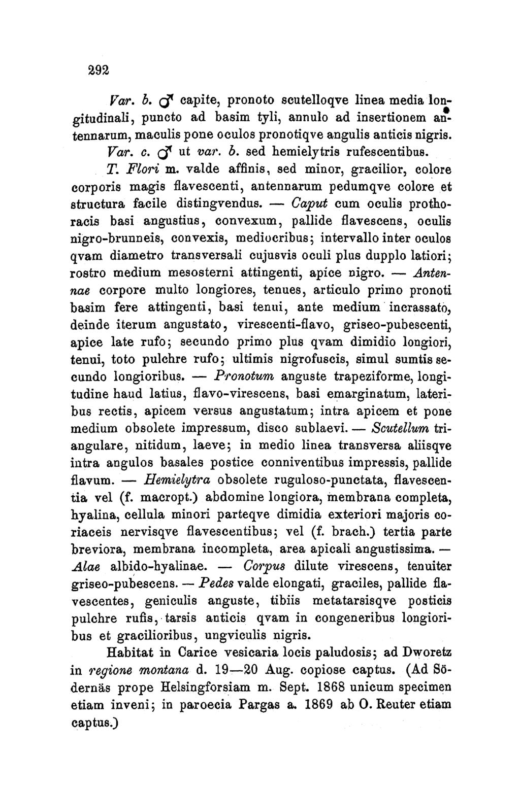 292 Var. b. ( capite, pronoto scutelloqve linea media Iongitudinali, puncto ad basim tyli, annulo ad insertionem antennarum, maculis pone oculos pronotiqve angulis anticis nigris. Var. c. (5 ut var.