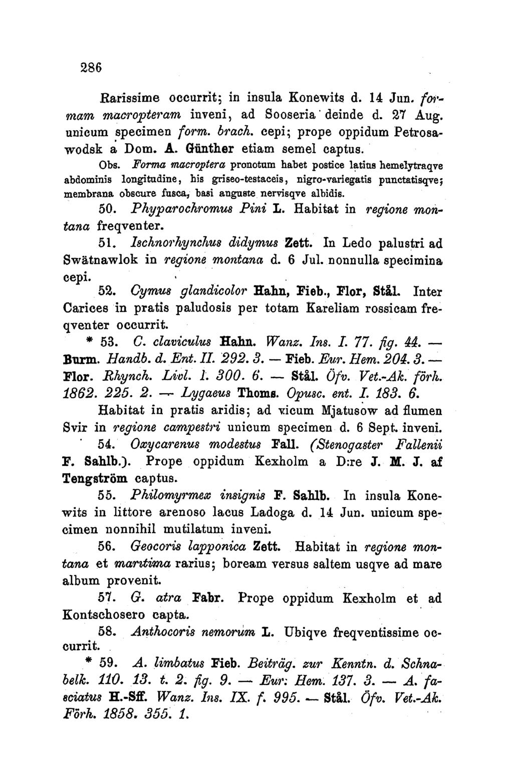 286 JRarissime occurrit; in insula Konewits d. 14 Jun. for-. main macropter'am inveni, ad Sooseria deinde d. 27 Aug. unicum specimen form. brach. cepi; prope oppidum Petrosawodsk a Dom. A. Gunther etiamn semel captus.