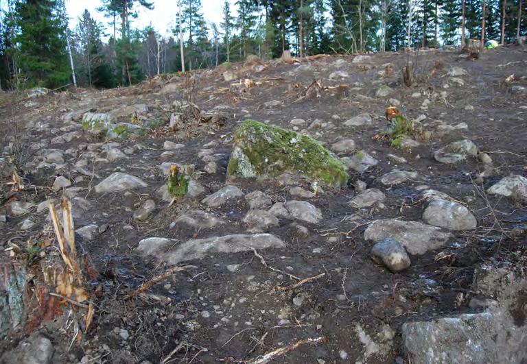 Bilaga 1. Anläggningsbeskrivningar A135 Stensättning, rundad, 4,3 3,4 m stor och 0,22 m hög. Stensättning med kantkedja av 0,4 0,3 1,0 0,6 meter stora stenar och en innanförliggande gles stenpackning.