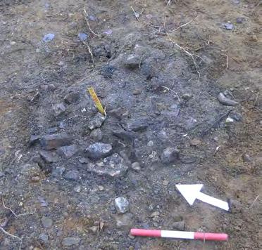 Bilaga 1. Anläggningsbeskrivningar A3931 Härd, rund, 0,7 0,67 m stor. Skörbränd sten i ytan. Ligger i kanten av vattenfylld sänka (figur 25). A3951 Härd, rund, 0,8 meter i diameter och 0,25 m djup.
