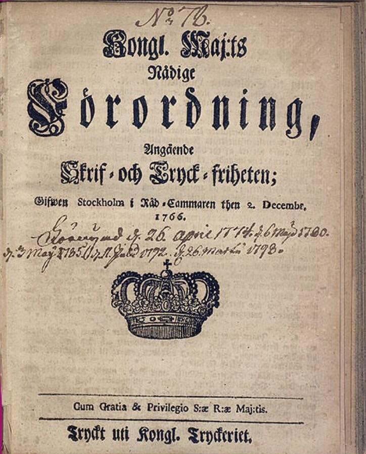 Yttrande- och tryckfrihet 1766 - världens första förordning om