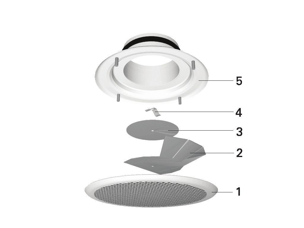 Ø D1 Ø D Installation KOD BESKRIVNING 1 Frontplåt 2 Avskärmningsplåt 3 Riktningsplåt 4 Fjäder 5 Stomme Spridarens stos kan installeras internt i TRIanslutningslådan eller externt vid lådans botten.