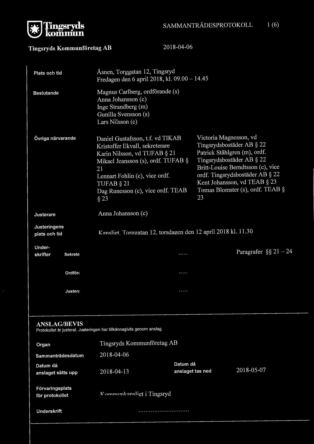 SAMMANTRÄDESPROTOKOLL 1 (6) Plats och tid Beslutande Åsnen, Torggatan 12, Tings1yd Fredagen den 6 april 2018, kl. 09.00-14.