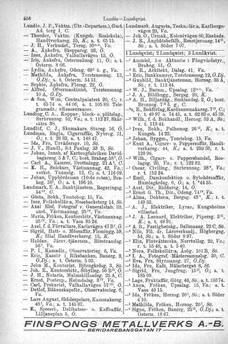 J i56 LundinLundqvist. Lundin, J. P., Vaktm. (Utr.Departem.), Gust. Lundmark, Augusta, 'I'eckn.vlär.a, Karlbergs Ad. torg 1, C. I vägen 23, Va. Theodor, Vaktm. (Kungsh. Realskola), Joh. O., Urmak.