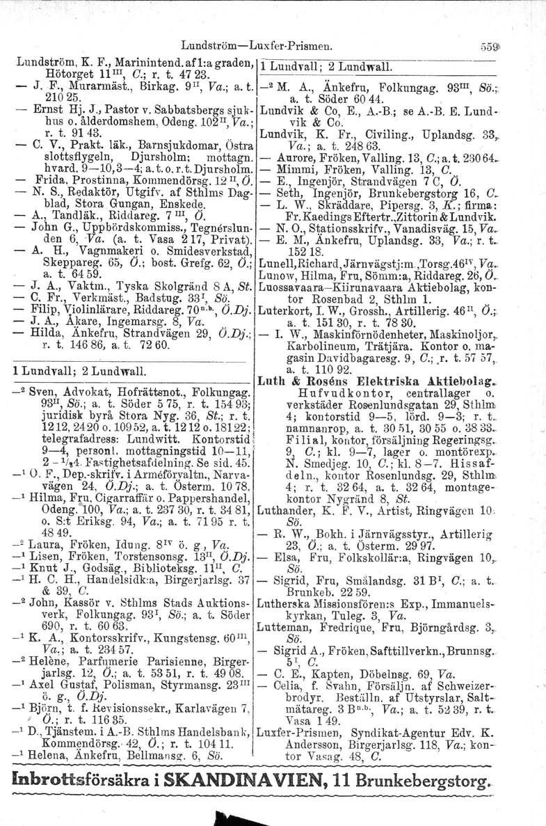 LundströmLuxferPrismen. Lundström., K. F., Marinintend. afl:a graden, If Lundvall 2 Lundwall. Hötorget l l!", C.; r. t. 4723. '.. J. F., Murarmäst., Birkag. 9 Il, Va.; a. t. _2 M. A.