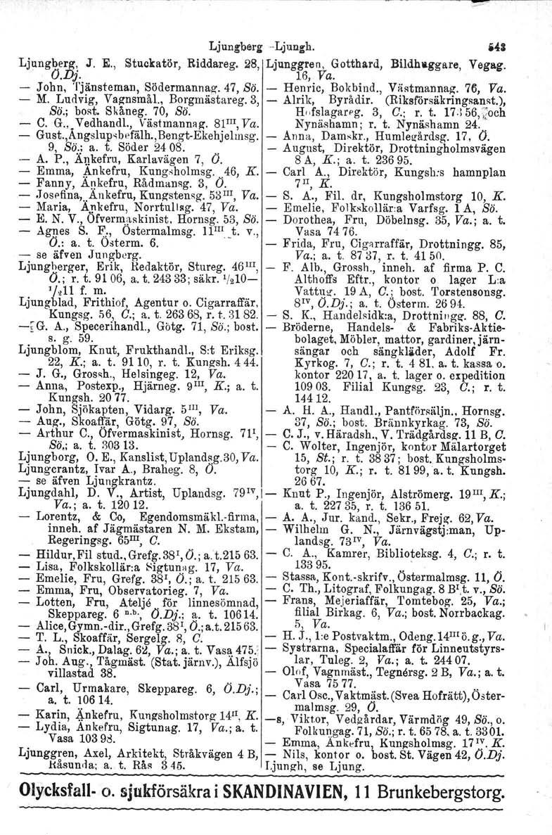 ~ Ljungberg ~~Ljullgh. Ljungberg, J. E.) Stuckatör, Riddareg. 28, Ljunggren, Gotthard, Bildhaggare, O.Dj. 16, Va. John, Tjänsteman, Södermannag. 47, Sä. Henric, Bokbind., VäHtmannag. 76, Va. M.