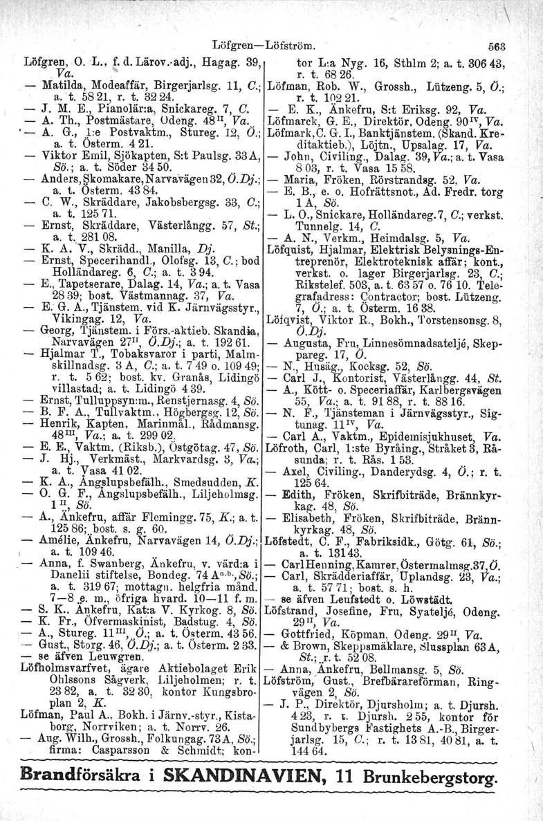 \ Löfgren Löfström. 563 Löfgren,O.L., t. d. Lärov.adj., Hag ag. 39, tor L:a Nyg. 16, Sthlm 2; a. t. 30643,. Va. r. t. 6826. Matilda, Modeaffär, Birgerjarlsg. 11, C.; Löfman, Rob. W., Grossh., Lätzeng.