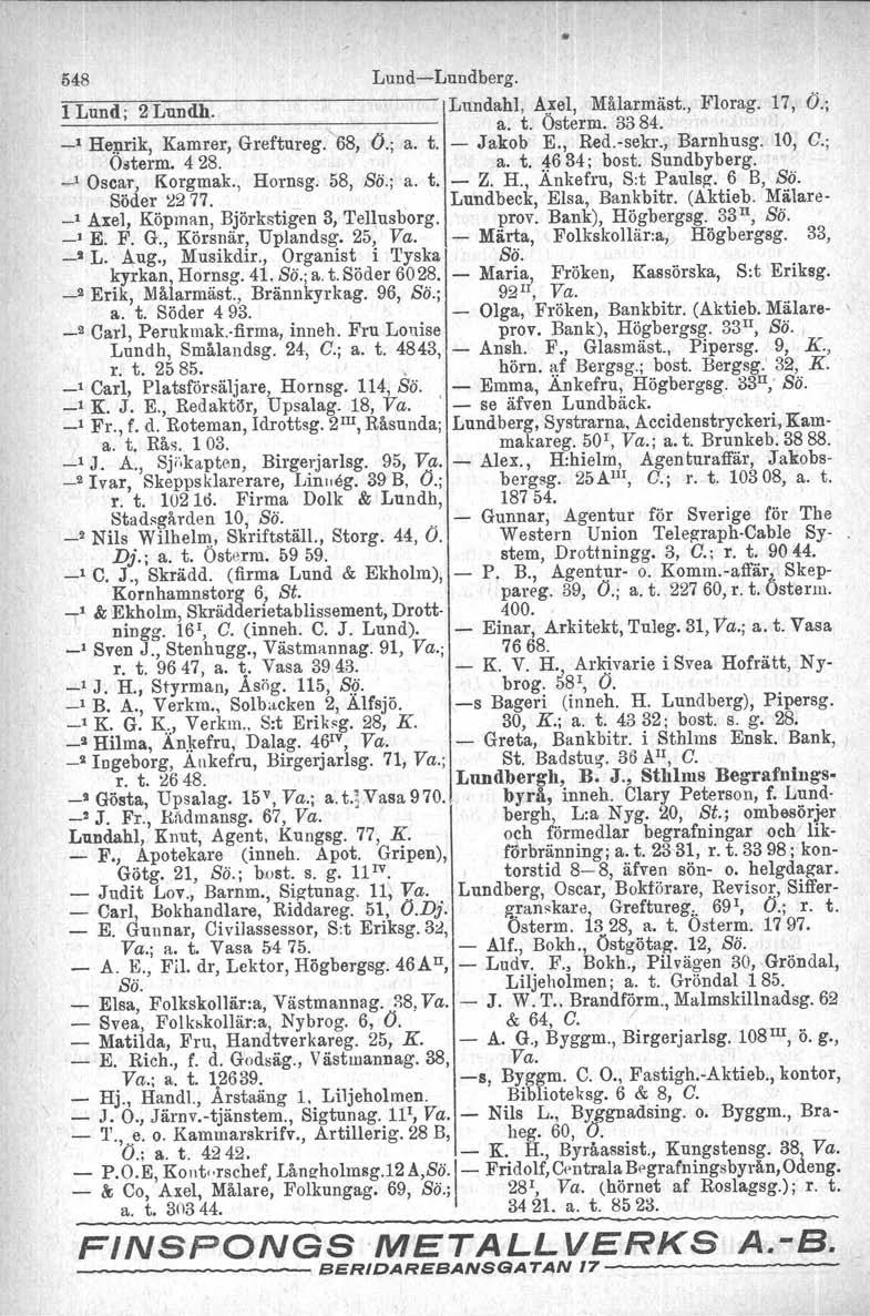 548 LundLundberg. 1 Lund; 2 Lundh. Lundahl, A.xel, Målarmäst., a. t. Osterm. 3384. Florag. 17, Ö.; _1 Henrik, Kamrer, Greftureg. 68, Ö.; a. t. Jakob E., Red.sekr., Barnhusg. 10, C.; Osterm, 428. a. t. :!