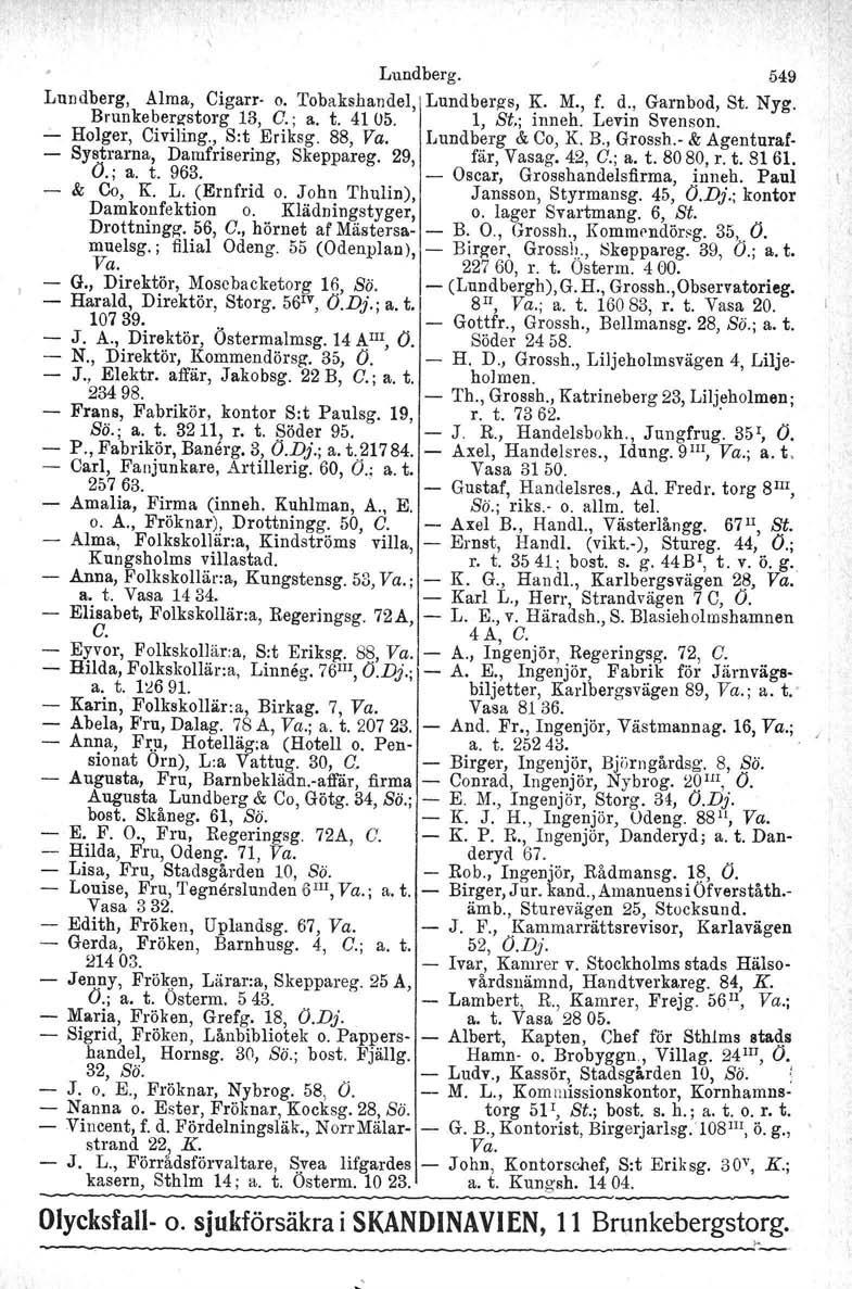 Lundberg. 549 Lundberg, Alma, Cigarr o. Tobakshandel, Lundbergs, K. M., f. d., Garnbod, St. Nyg. Brunkebergstorg 13, O.; a. t. 4105. l, St.; inneh. Levin Svenson. Holger, Civiling., S:t Eriksg.