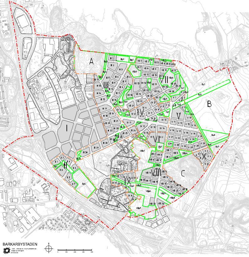 4 Barkarbystaden planeras i sju olika planetapper. Se karta med de olika planetapperna markerade. För närvarande pågår genomförandet av Barkarbystaden I.