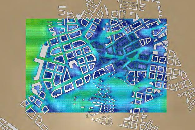 RESULTAT - Västlig vind I nedanstående figurer visas resultat av simuleringarna och kommentarer. Färgskalor finns längst upp till höger. Obekvämt > 5m/s / >1.0 WEF Promenera/Cykla 3-5m/s / 0.6-1.