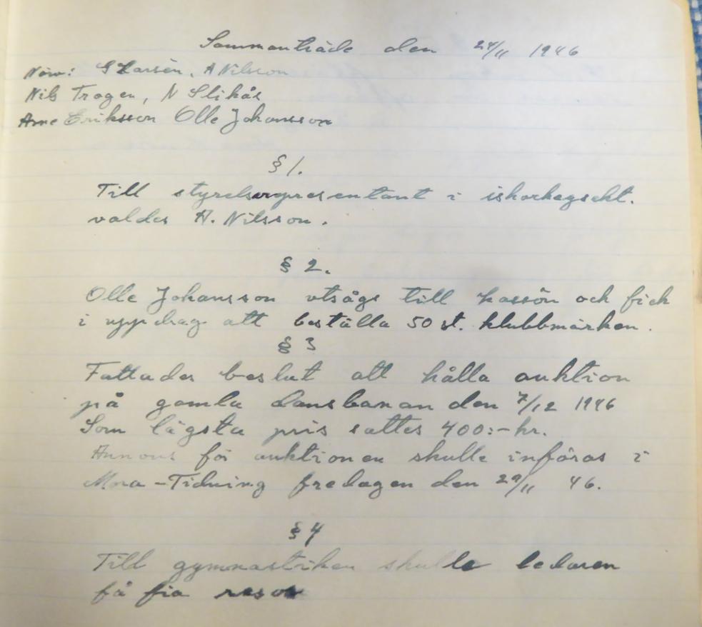 Sammanträde den 24/11 1946 Närv: G. Larsén, A. Nilsson, Nils Trogen, N. Stikås, Arne Eriksson, Olle Johansson 1. Till Styrelserepresentant i ishockeysekt. Valdes A. Nilsson. 2. Olle Johansson utsågs till kassör och fick i uppdrag att beställa 50 st.